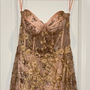 Elegant Gold Floral Embellished Prom Gown